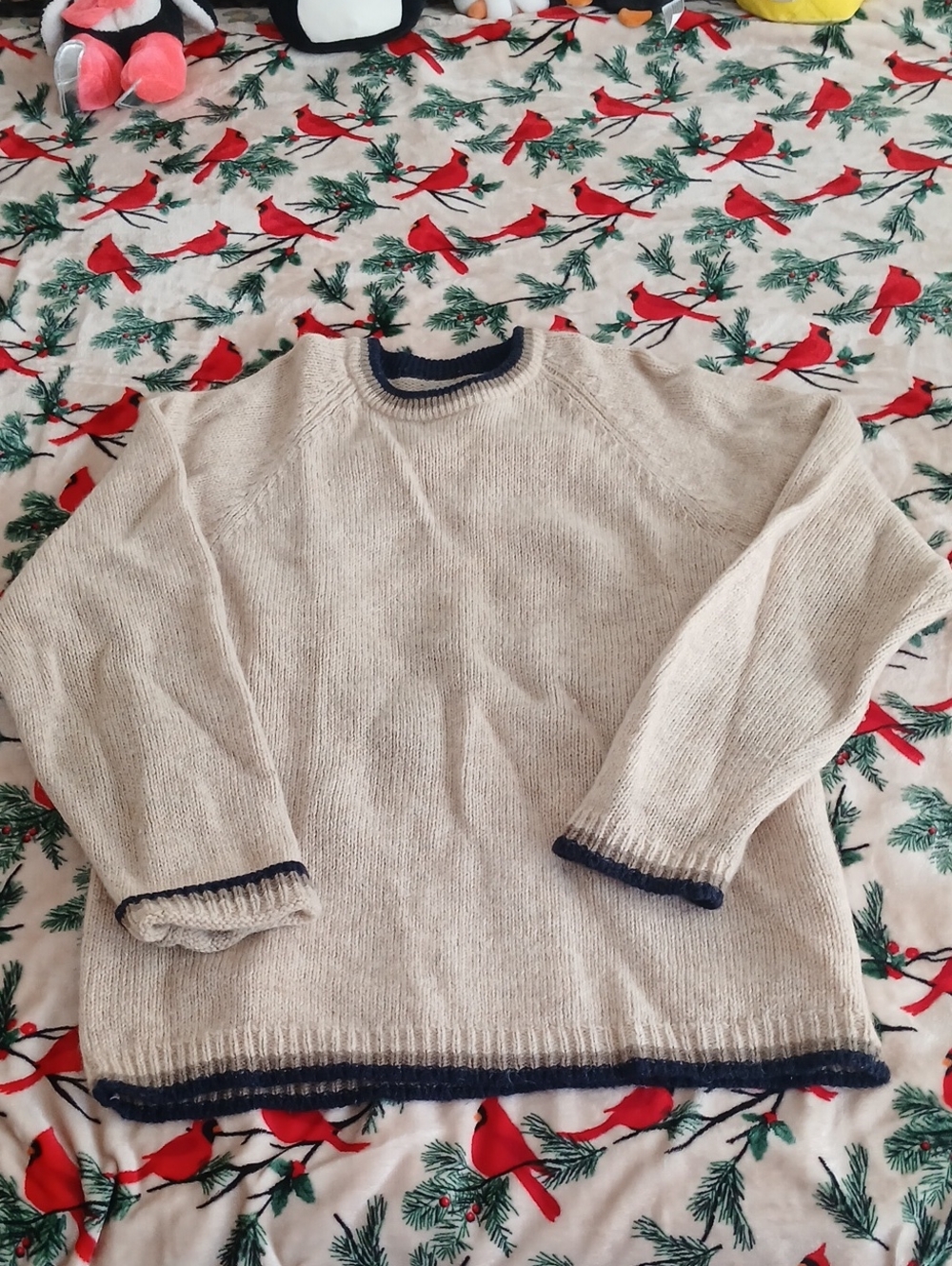 Aeropostale Vintage Cream Knit Crewneck Sweater with Navy Trim